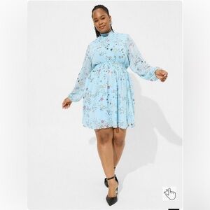 Torrid Mini Clipdot Blouson Sleeve Mock Neck Skater Dress